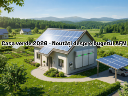 Casă modernă cu panouri fotovoltaice, baterii de stocare montate pe perete și mașină electrică la încărcat pentru programul Casa Verde 2026.