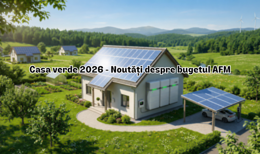 Casă modernă cu panouri fotovoltaice, baterii de stocare montate pe perete și mașină electrică la încărcat pentru programul Casa Verde 2026.