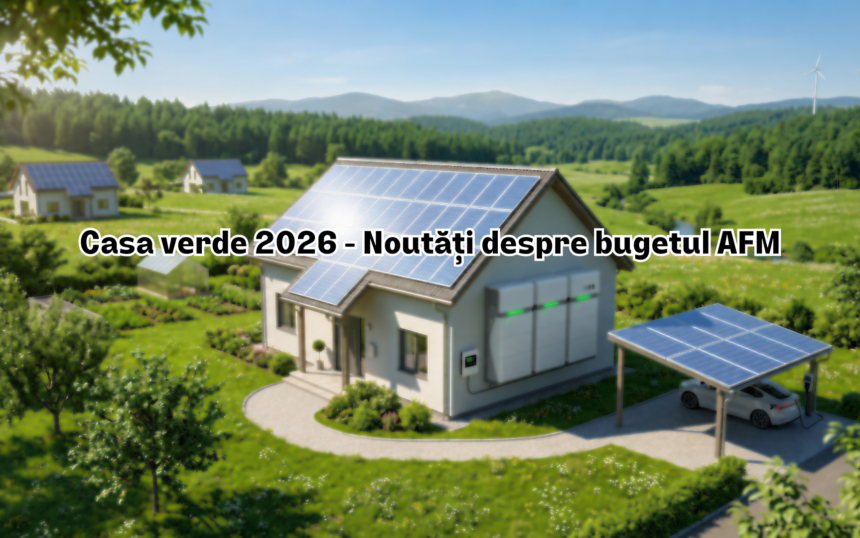 Casă modernă cu panouri fotovoltaice, baterii de stocare montate pe perete și mașină electrică la încărcat pentru programul Casa Verde 2026.