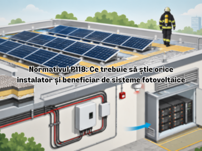 Diagramă tehnică conform Normativului P118-1/2024 prezentând instalarea sigură a panourilor fotovoltaice pe acoperiș, căile de acces pentru pompieri, managementul cablurilor și ventilarea sistemelor de stocare a energiei.