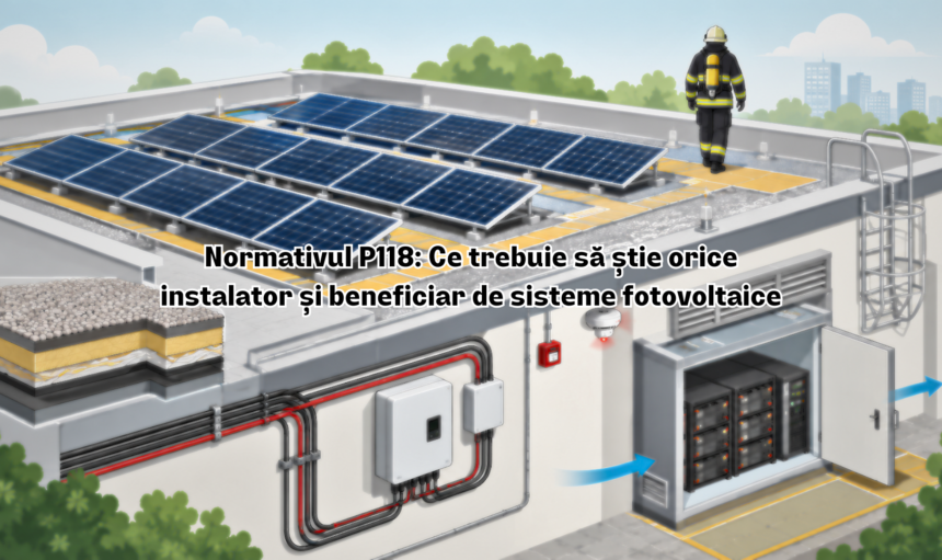 Diagramă tehnică conform Normativului P118-1/2024 prezentând instalarea sigură a panourilor fotovoltaice pe acoperiș, căile de acces pentru pompieri, managementul cablurilor și ventilarea sistemelor de stocare a energiei.