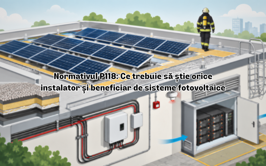 Diagramă tehnică conform Normativului P118-1/2024 prezentând instalarea sigură a panourilor fotovoltaice pe acoperiș, căile de acces pentru pompieri, managementul cablurilor și ventilarea sistemelor de stocare a energiei.