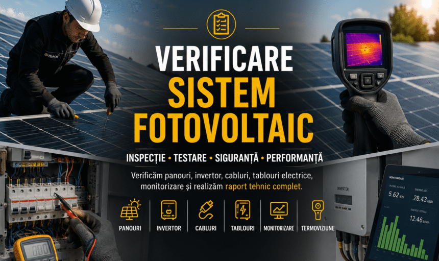 Verificare sistem fotovoltaic cu inspecție profesională, termoviziune, panouri și tablouri electrice