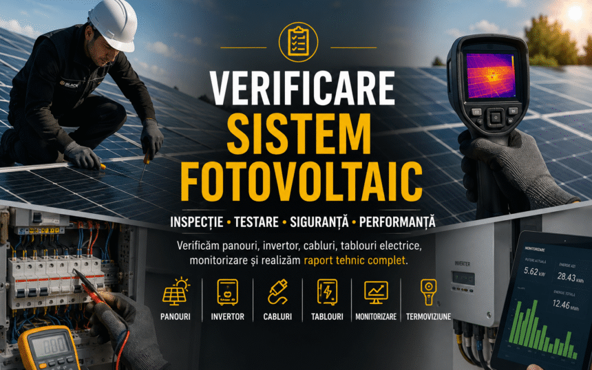 Verificare sistem fotovoltaic cu inspecție profesională, termoviziune, panouri și tablouri electrice