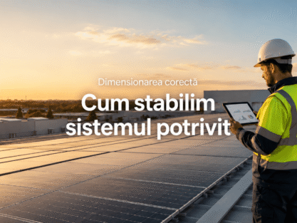 Inginer analizând dimensionarea sistemului fotovoltaic pentru o firmă pe un acoperiș industrial