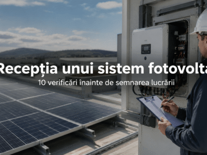 Tehnician verificând recepția unui sistem fotovoltaic înainte de semnarea lucrării