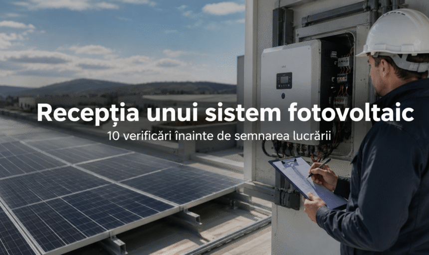 Tehnician verificând recepția unui sistem fotovoltaic înainte de semnarea lucrării