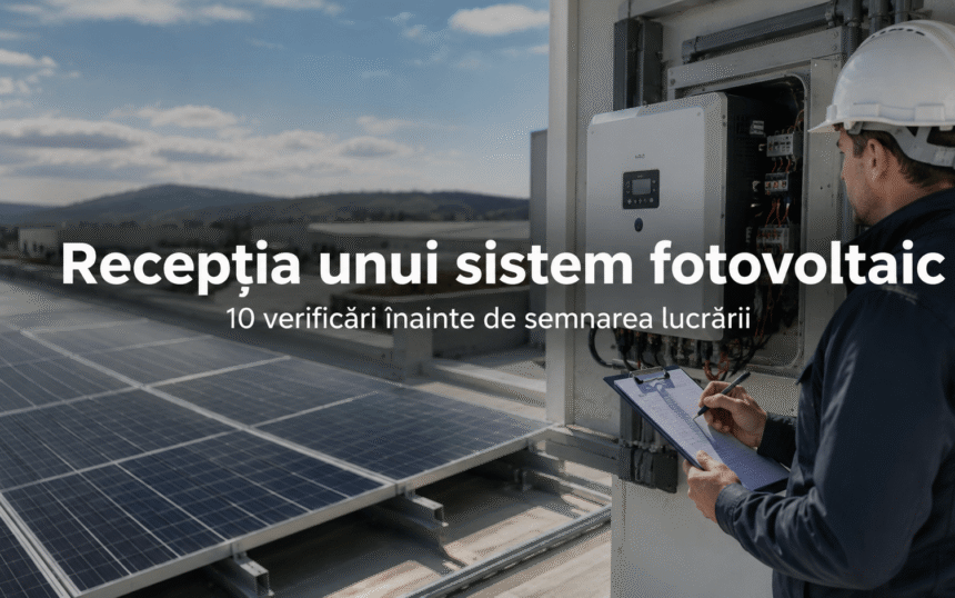Tehnician verificând recepția unui sistem fotovoltaic înainte de semnarea lucrării
